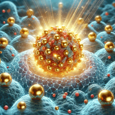 Image illustrating gold nanoparticles clustering around a tumor cell during cancer radiotherapy